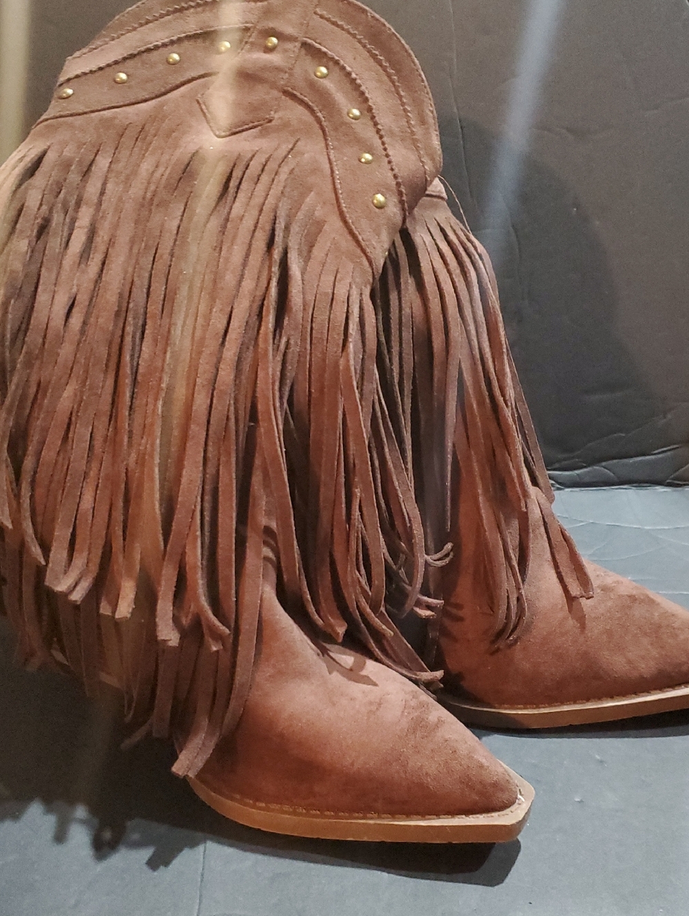 Brown faux suede fringed gold studded midcalf cowgirl cowboy boots size 10‎ new - Picture 11 of 11